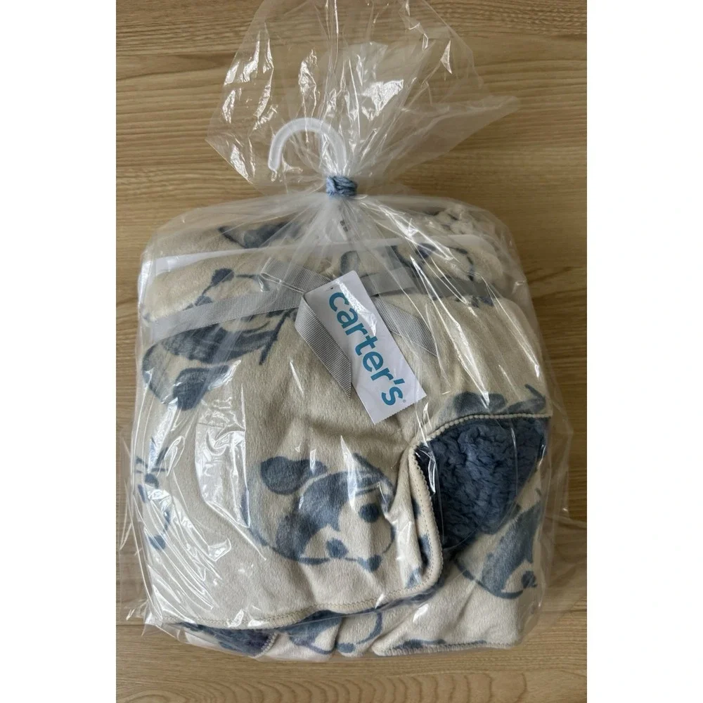 Carter's Panda Bear Baby Blanket Blue Sherpa Plush NWT 40x30 Nursery Gift